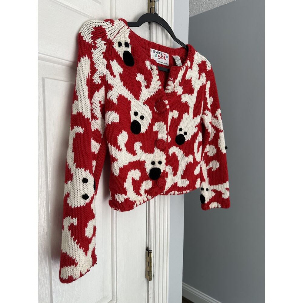 VTG Michael Simon Girls Sz 6/6X Reindeer Cardigan Red White Christmas READ - Picture 2 of 11